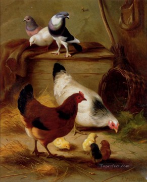 鳩と鶏の家禽家畜納屋エドガー・ハント Oil Paintings